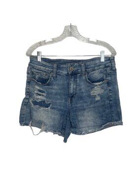 American Eagle Distressed Denim Shorts Next Level Stretch Size 12 Blue Mid Rise